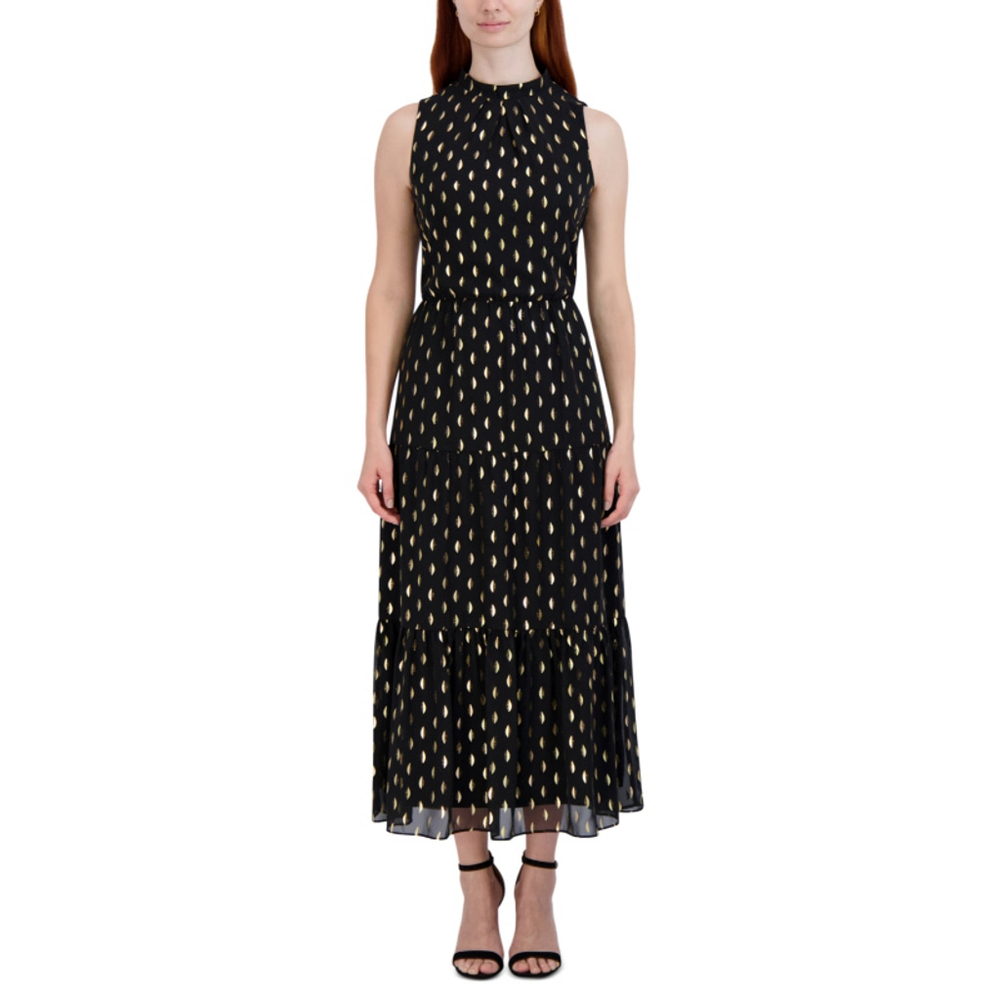 Donna Ricco Size 2 Black & Gold Mock Neck Triple-Tiered Formal Maxi Dress NWT